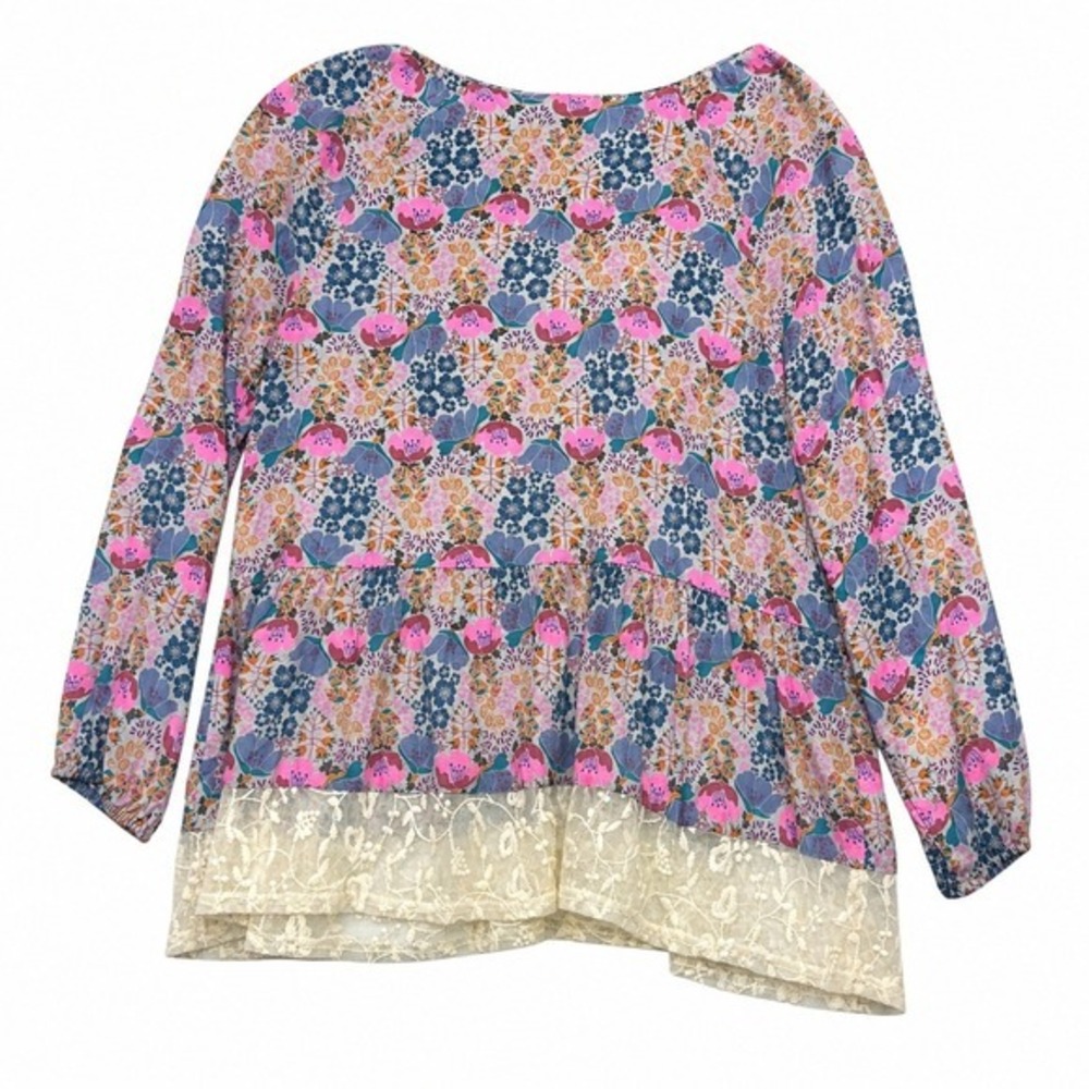 Matilda Jane Womens XS Tunic Blouse Floral Lace Tassel Boho Blue Pink NWT - Picture 3 of 9
